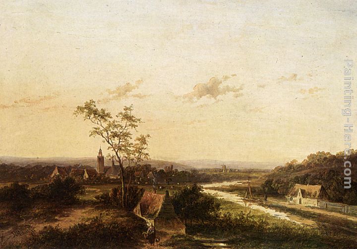 An Extensive Summer Landscape With A Town In The Background painting - Jan Evert Morel An Extensive Summer Landscape With A Town In The Background art painting